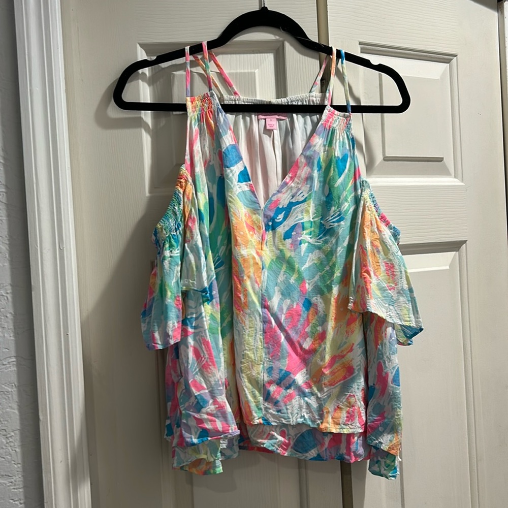 Lily Pulitzer multi colored racer back ruffled top.